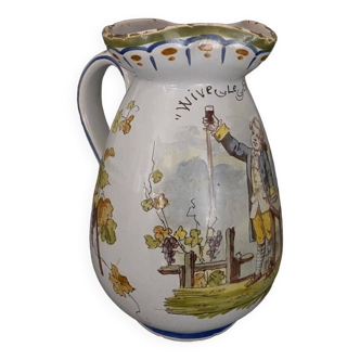 Old earthenware pitcher from Nevers Montagnon Vive le Bon Vin 1900