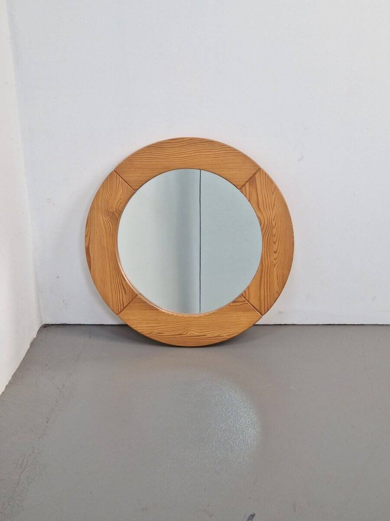 Vintage Scandinavian Round Pine Mirror, 1970s