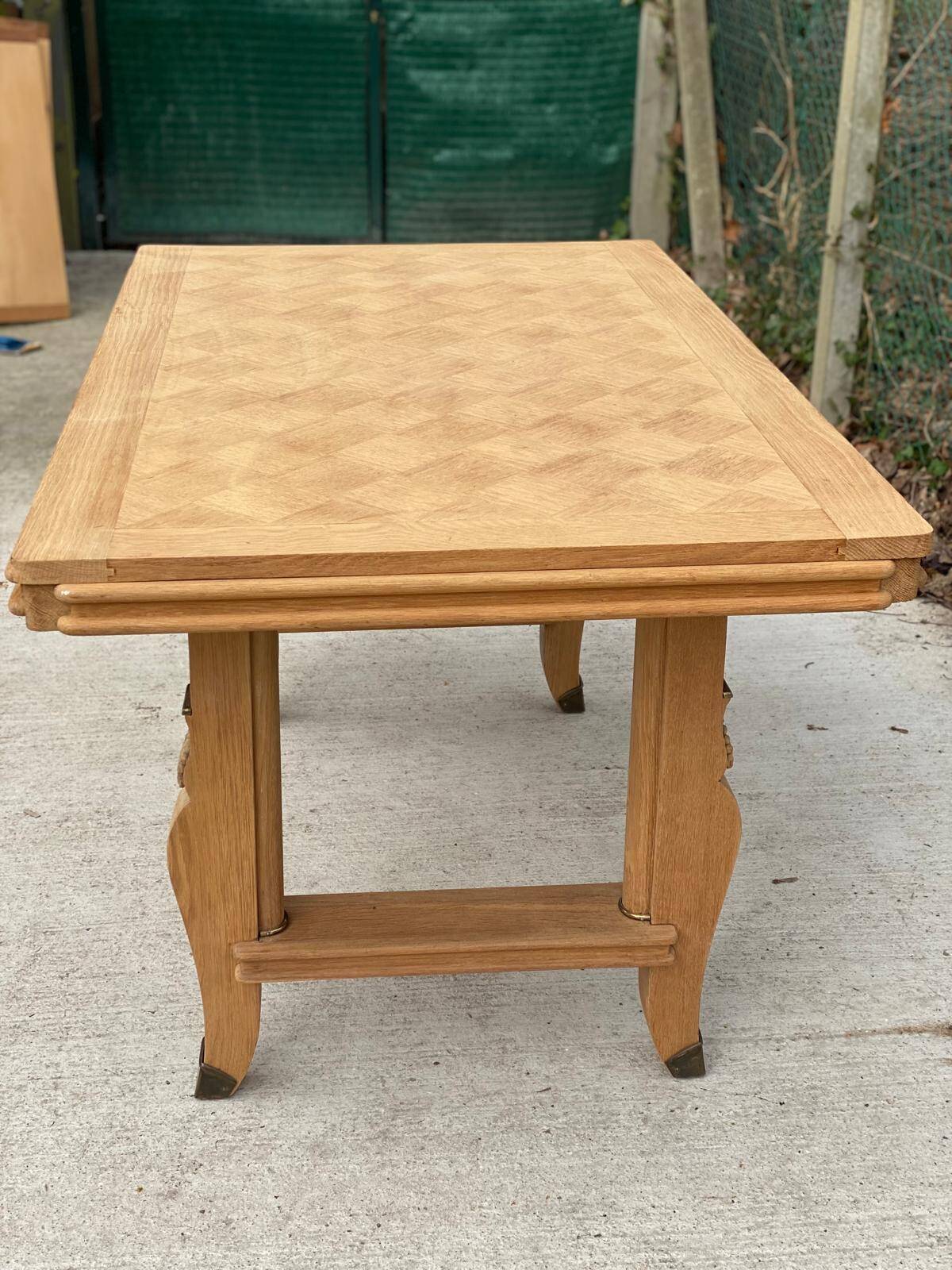 Art Deco extendable dining table renovated in raw oak and marquetry 220