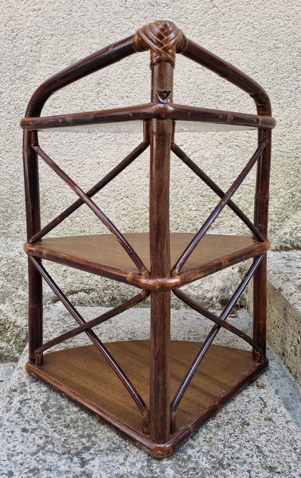 Corner wall shelf, bamboo, rattan and wood, vintage, 60s