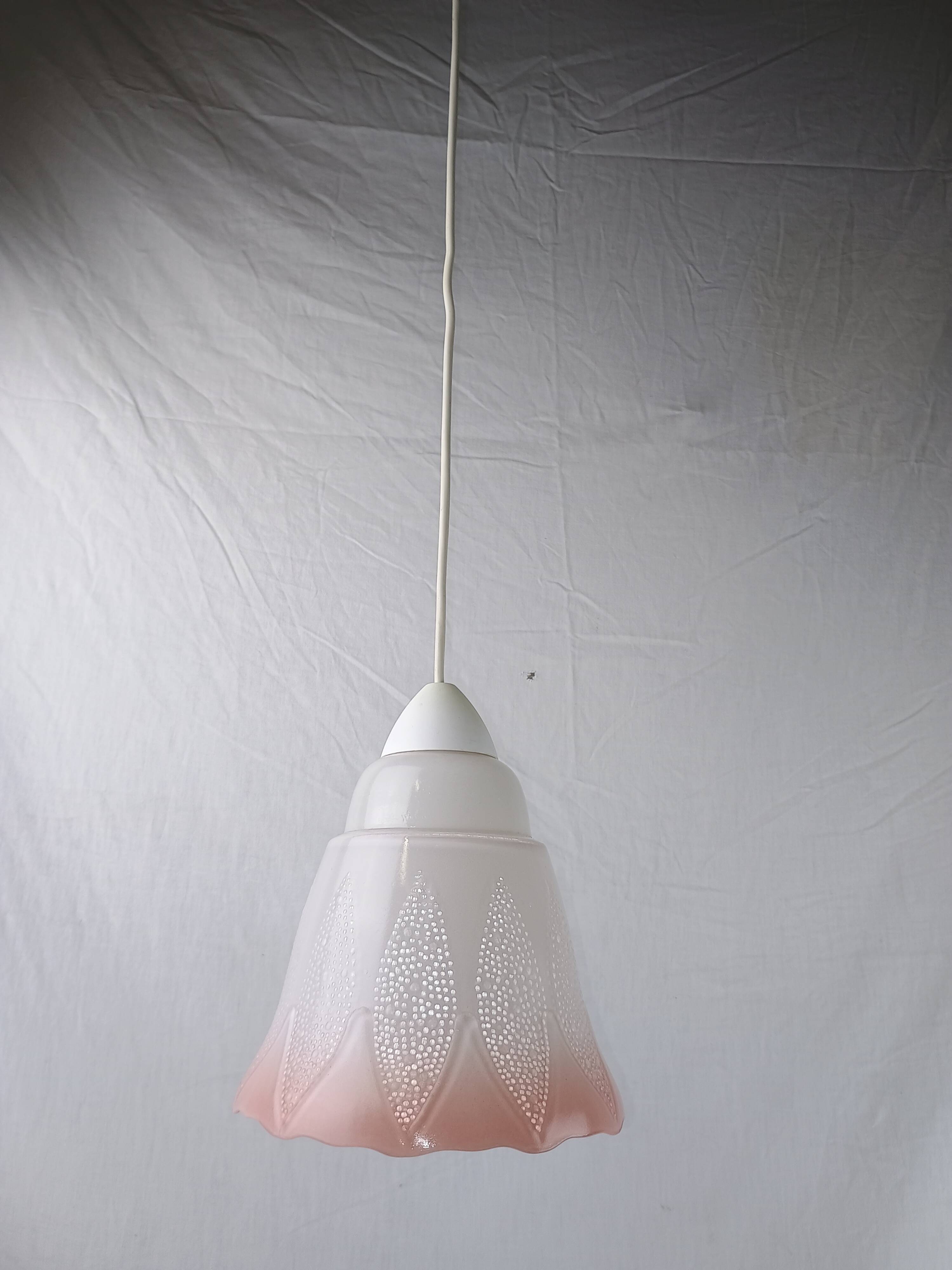 Mid-century white and pink glass suspension French vintage 1950