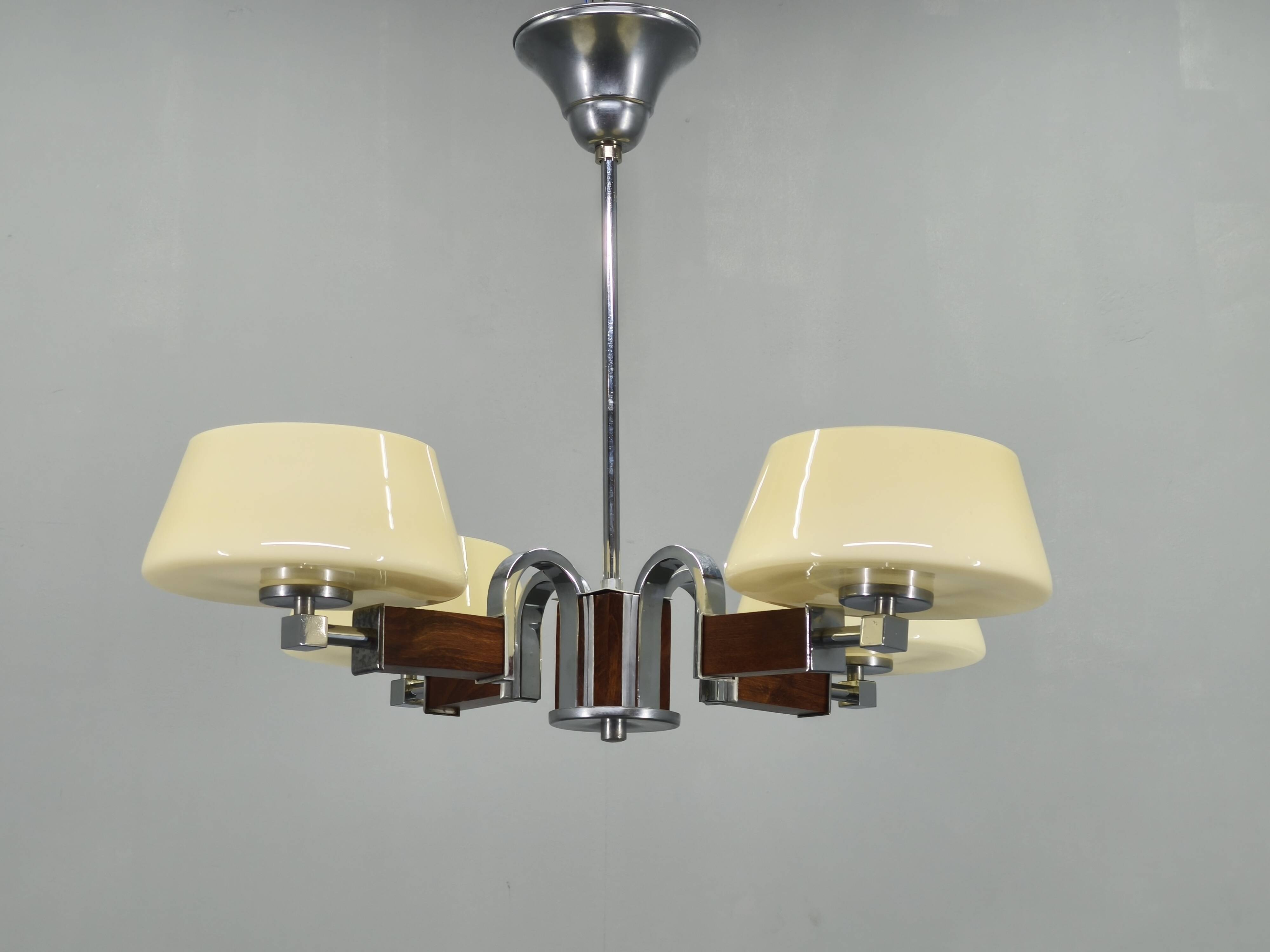 Art Deco Chandelier in Chrome, Wood and Glass, Czechoslovakia