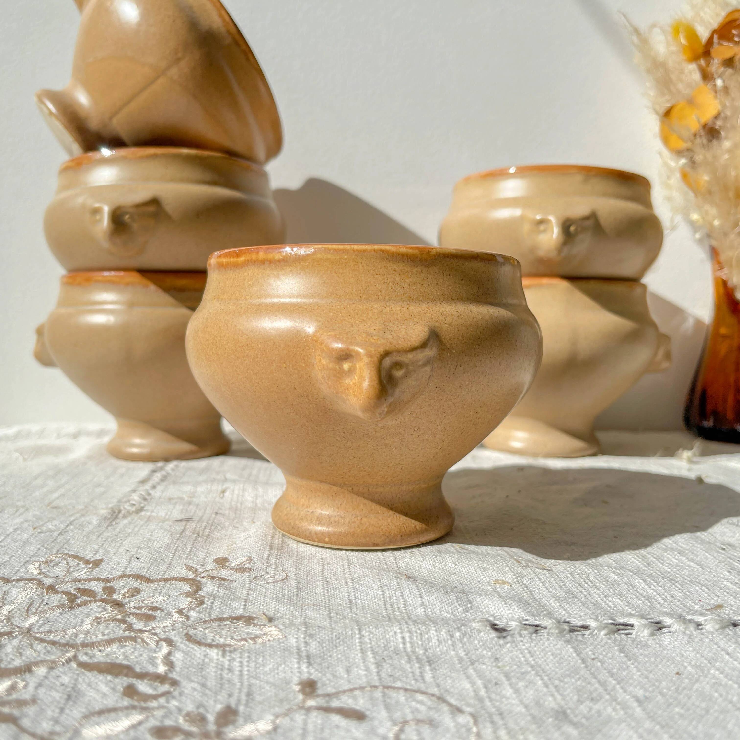 6 vintage Emile Henry ceramic lion head onion soup bowls - beige and honey, made in France