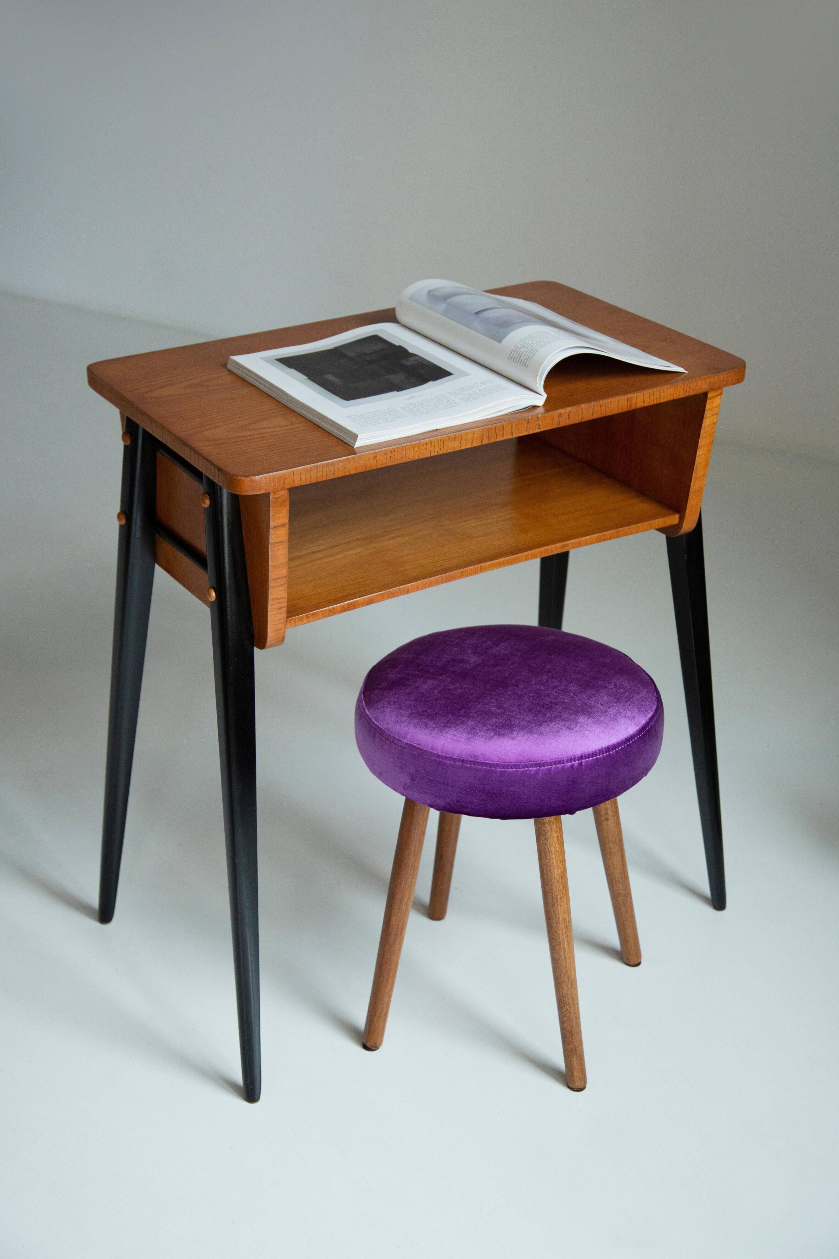 Set of two shiny purple velvet stools from the mid-century, Europe, 1960s.