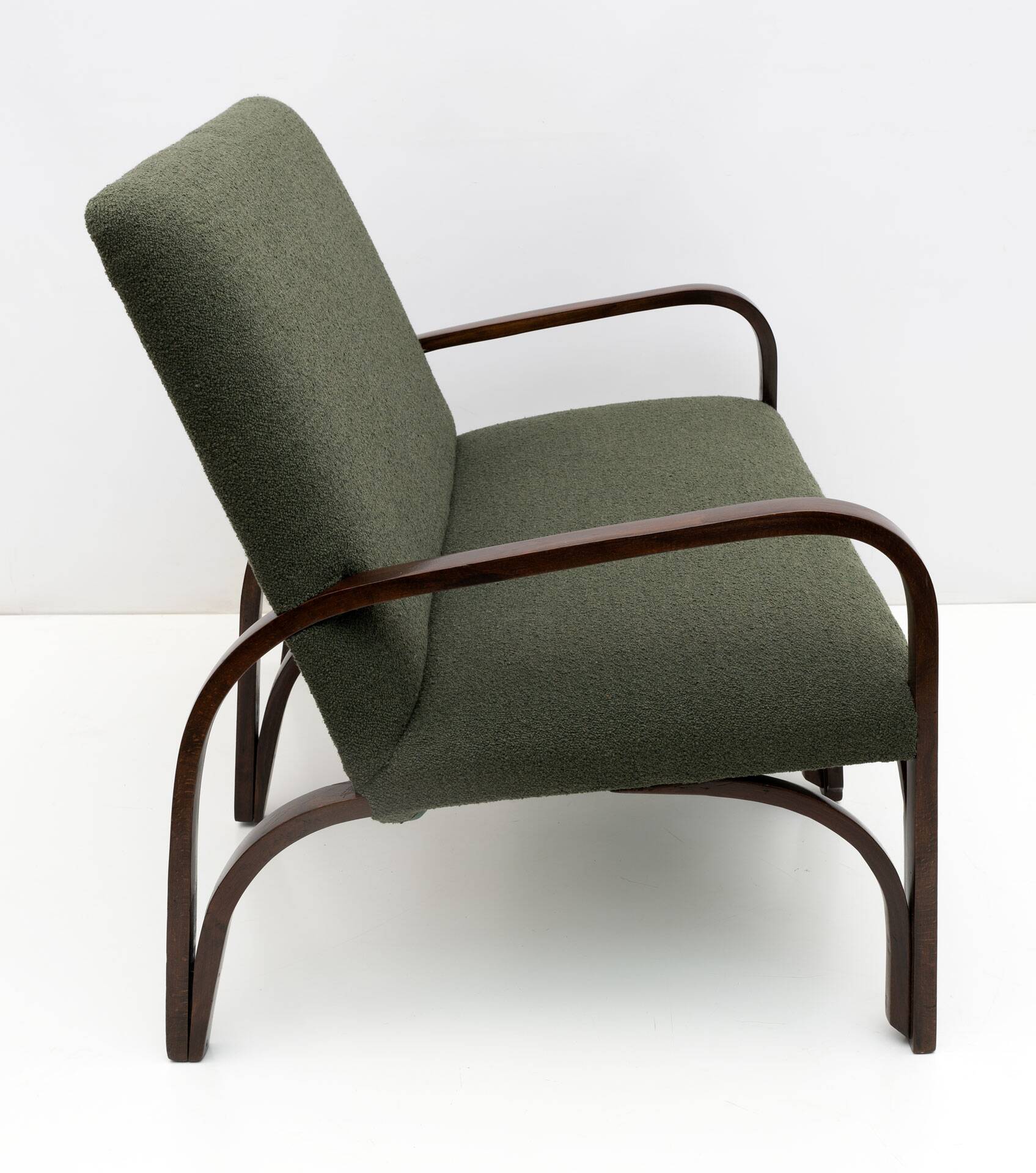 Ensemble Art Déco italien Bouclè vert composé de deux fauteuils et d'un petit canapé, années 1930