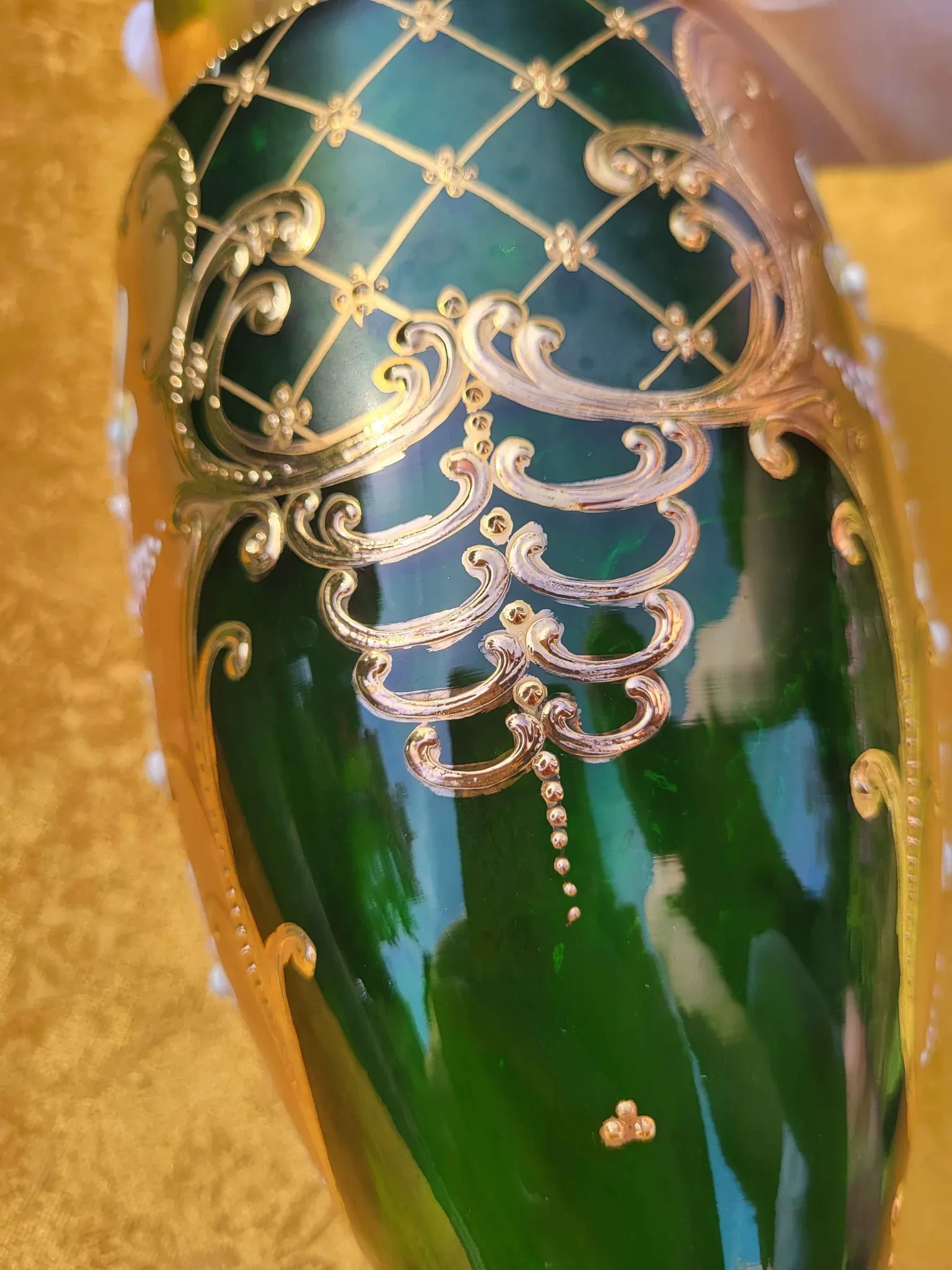 Bohemian Crystal Emerald Green Vase with 24K Gold Encrusted Floral Design