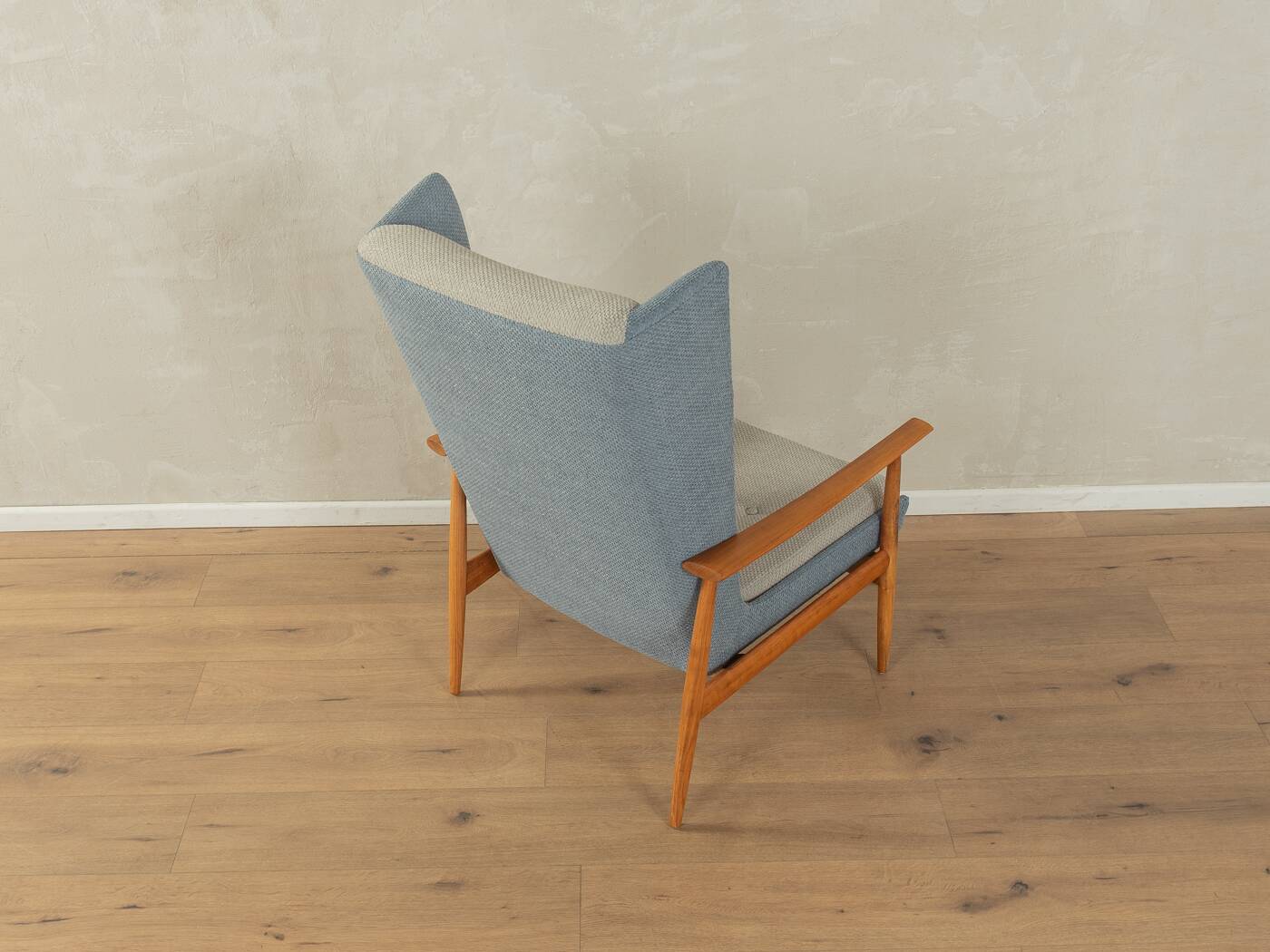 1950s wingback armchair in two-tone look, cherry wood, newly upholstered