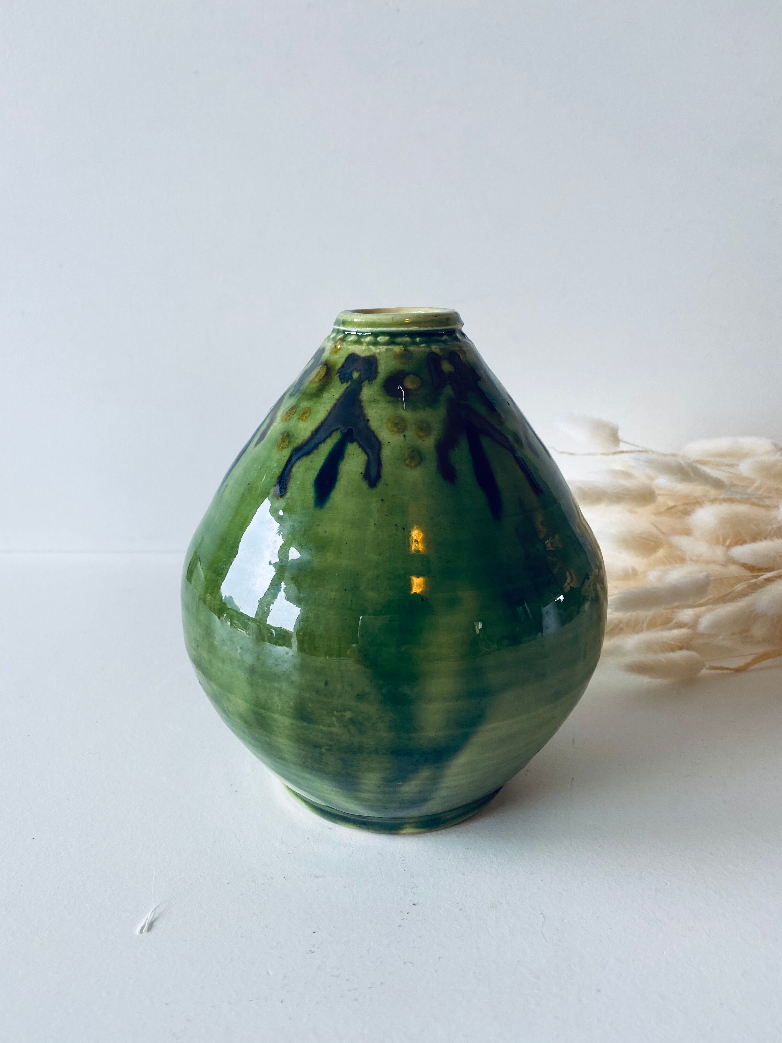 Signed ceramic green vase