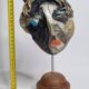 Signed raku ceramic mask, on wooden base – Expressive sculpture 28 cm
