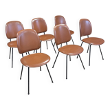 Set of 6 retro bistro chairs in cognac leatherette and black steel legs