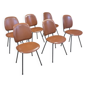 Set of 6 retro bistro chairs in cognac leatherette and black steel legs