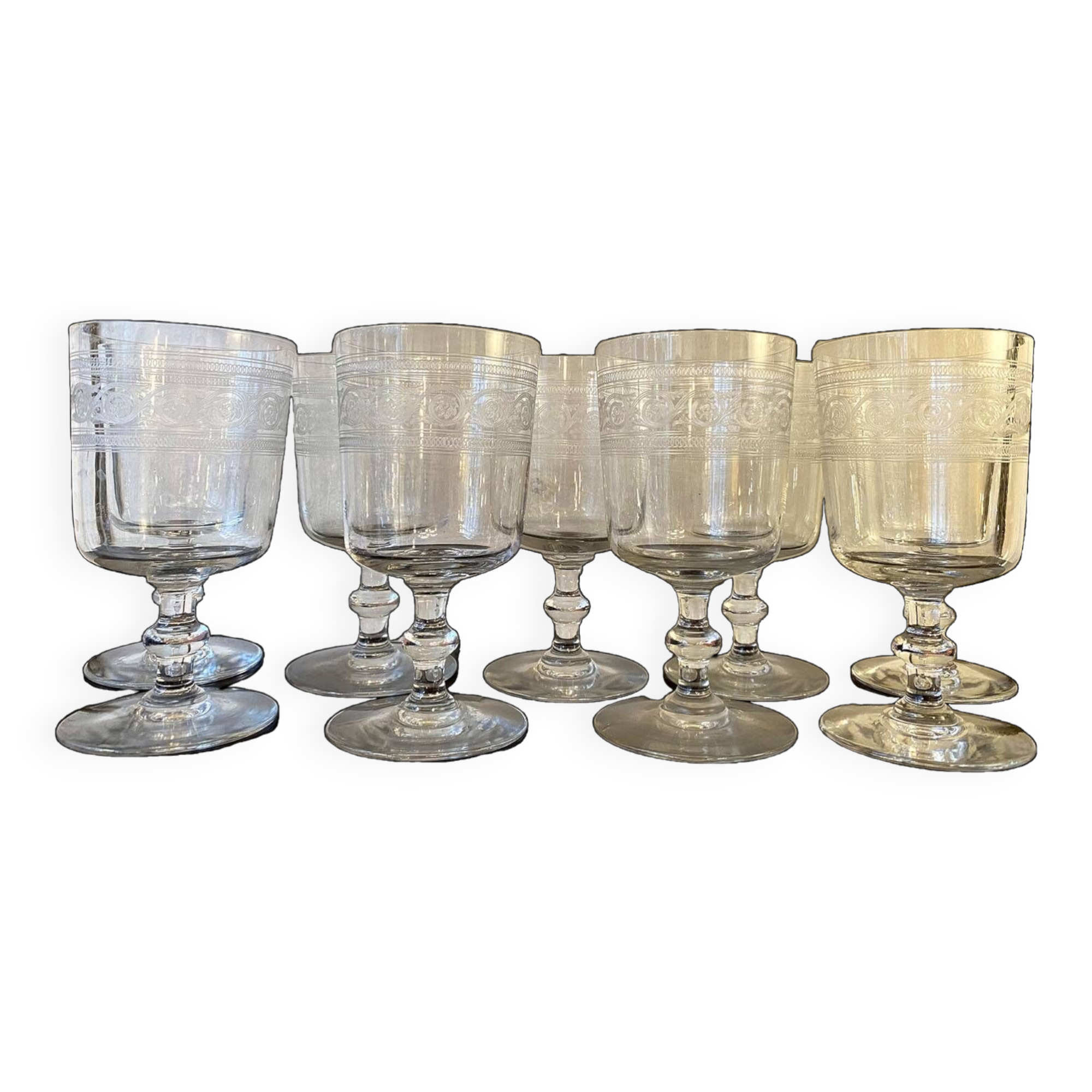 9 Baccarat crystal wine glasses, Athenian engraving