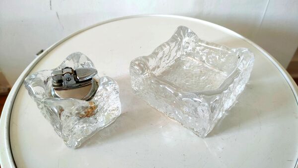 Briquet et cendrier en verre givré Kalmar design années 70