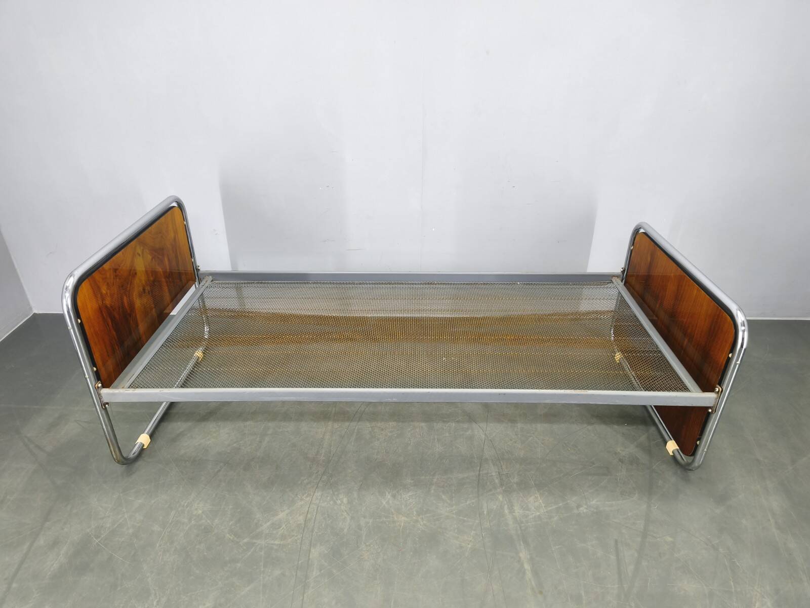 Bauhaus Tubular Steel Bed with Walnut Panels, Czechoslovakia, 1930s
