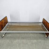 Bauhaus Tubular Steel Bed with Walnut Panels, Czechoslovakia, 1930s