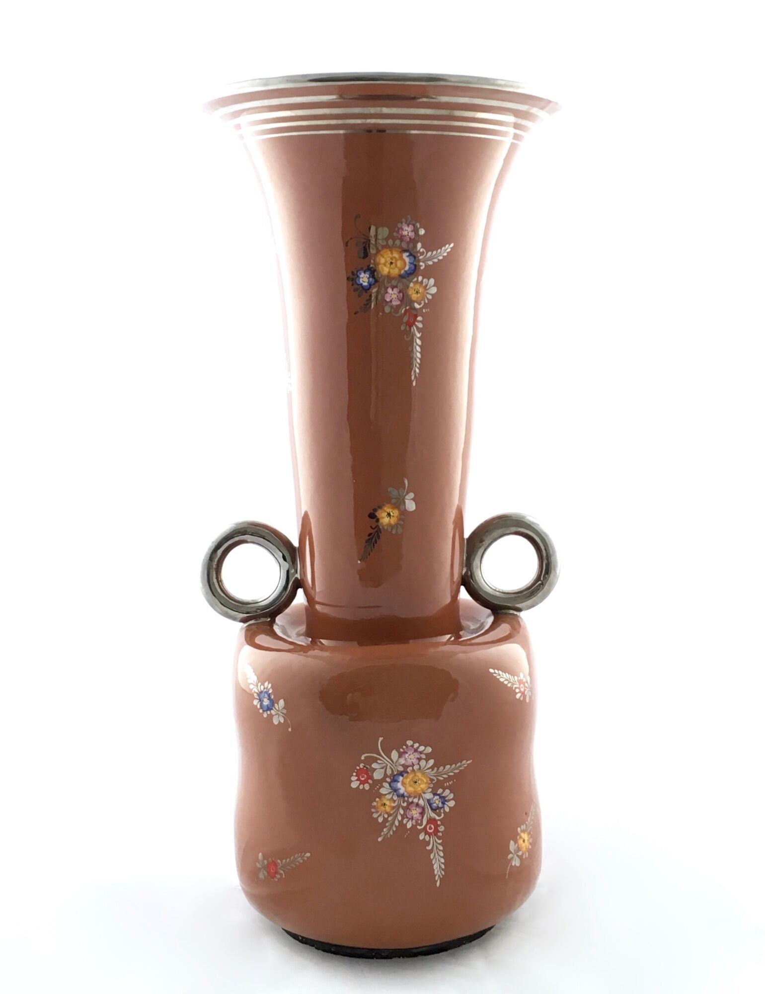 Vintage Brown Lacquered and Hand Painted Terracotta Deruta Vase, Italy