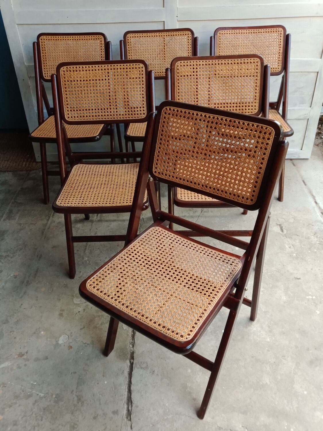 Vintage folding cane and wood chairs