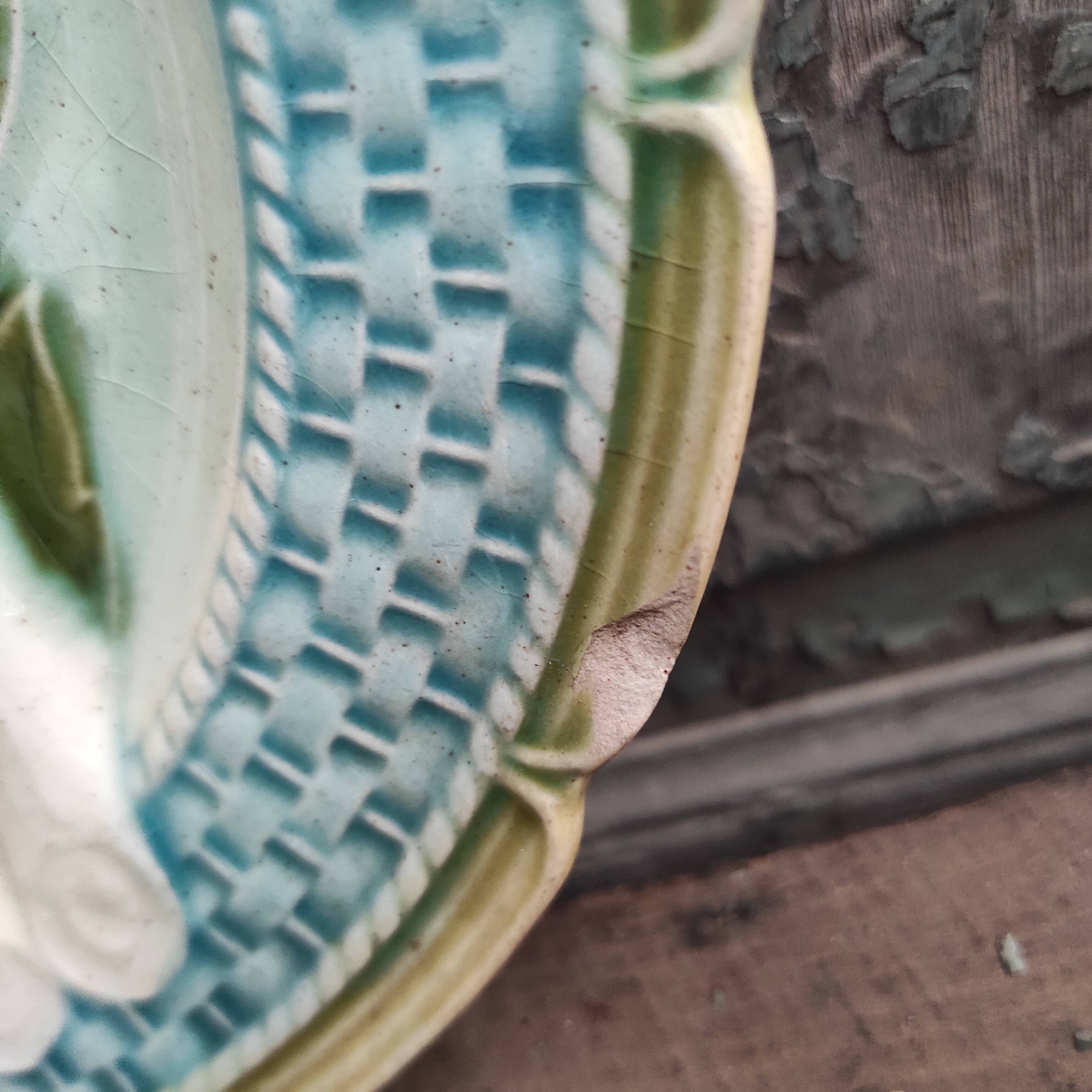 French antique asparagus dish, majolica, barbotine