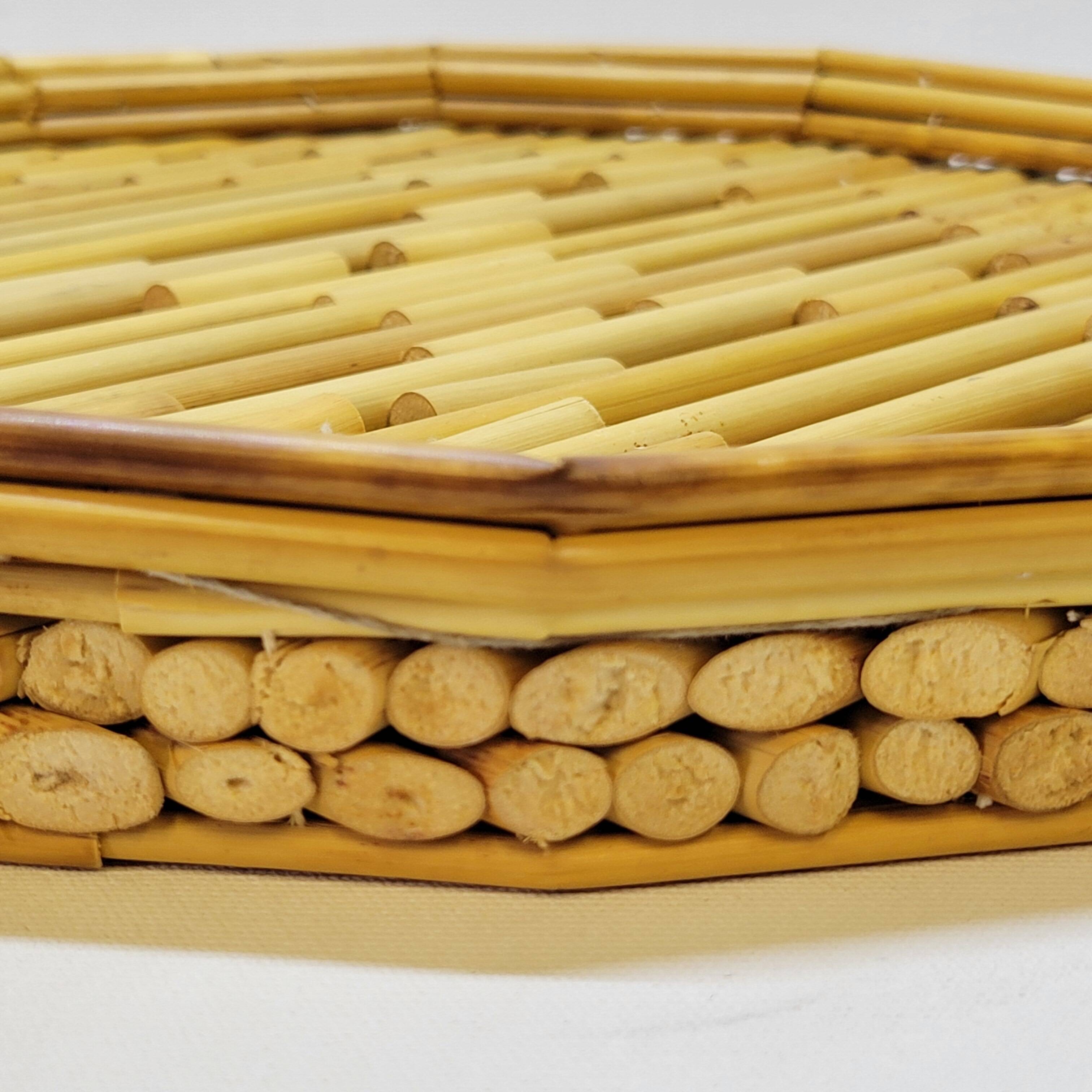 Rattan straw bamboo serving tray French vintage 70s