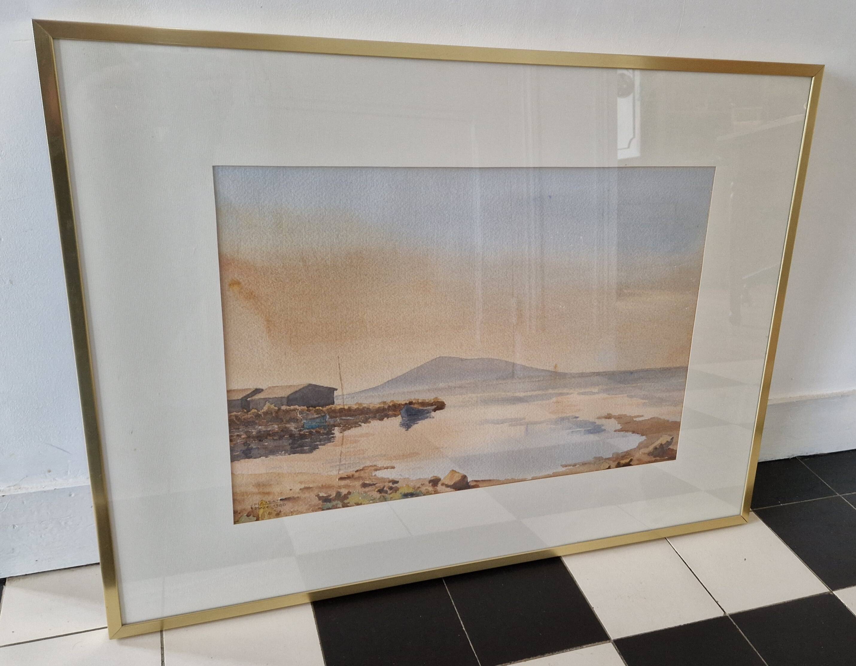 Original watercolor "Mèze" framed by JP Lardat, 1980