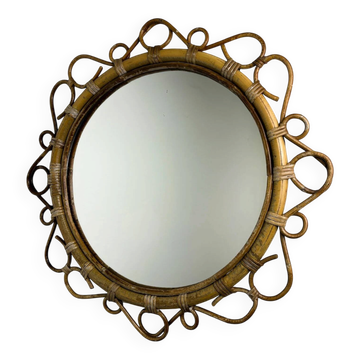 Miroir ovale en rotin et bambou espagnol, années 1960