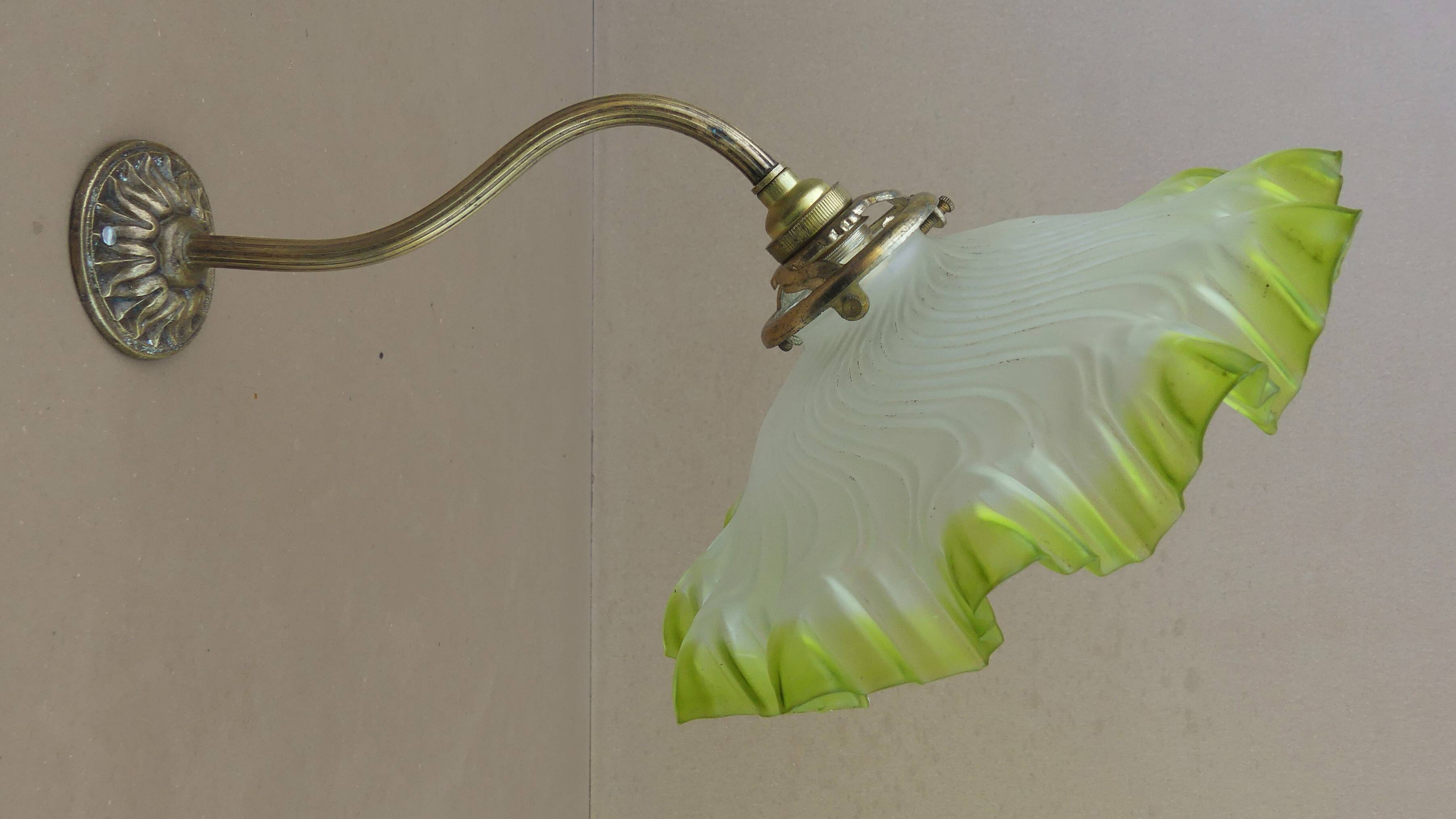 Old BRONZE GOOSENECK wall lamp with wavy yellow green OPALINE lampshade