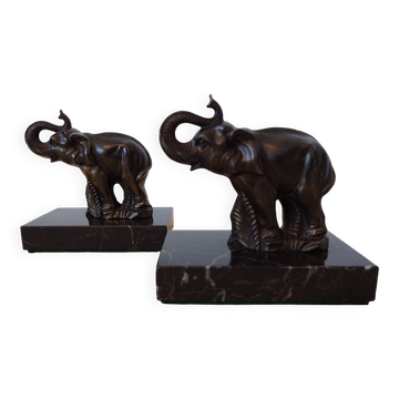 Art Deco bookends signed Gallot – elephants in spelter on marble