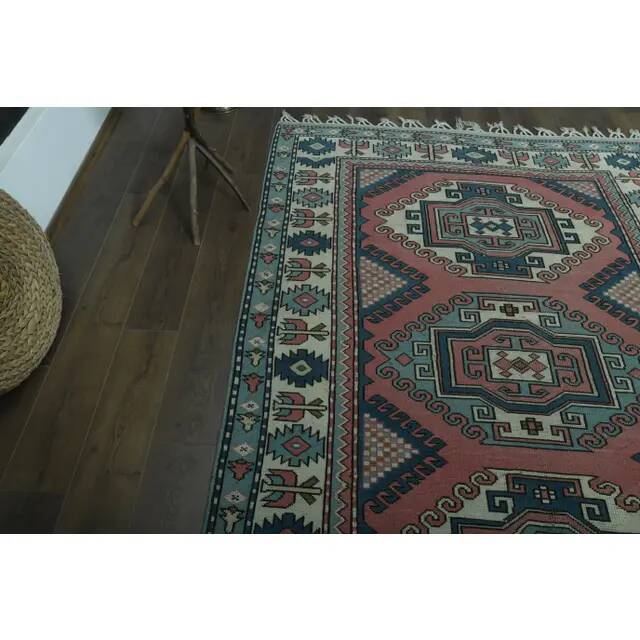 1970s Vintage Turkish Oushak Handmade Wool Cotton Pink Area Rug  192x256
