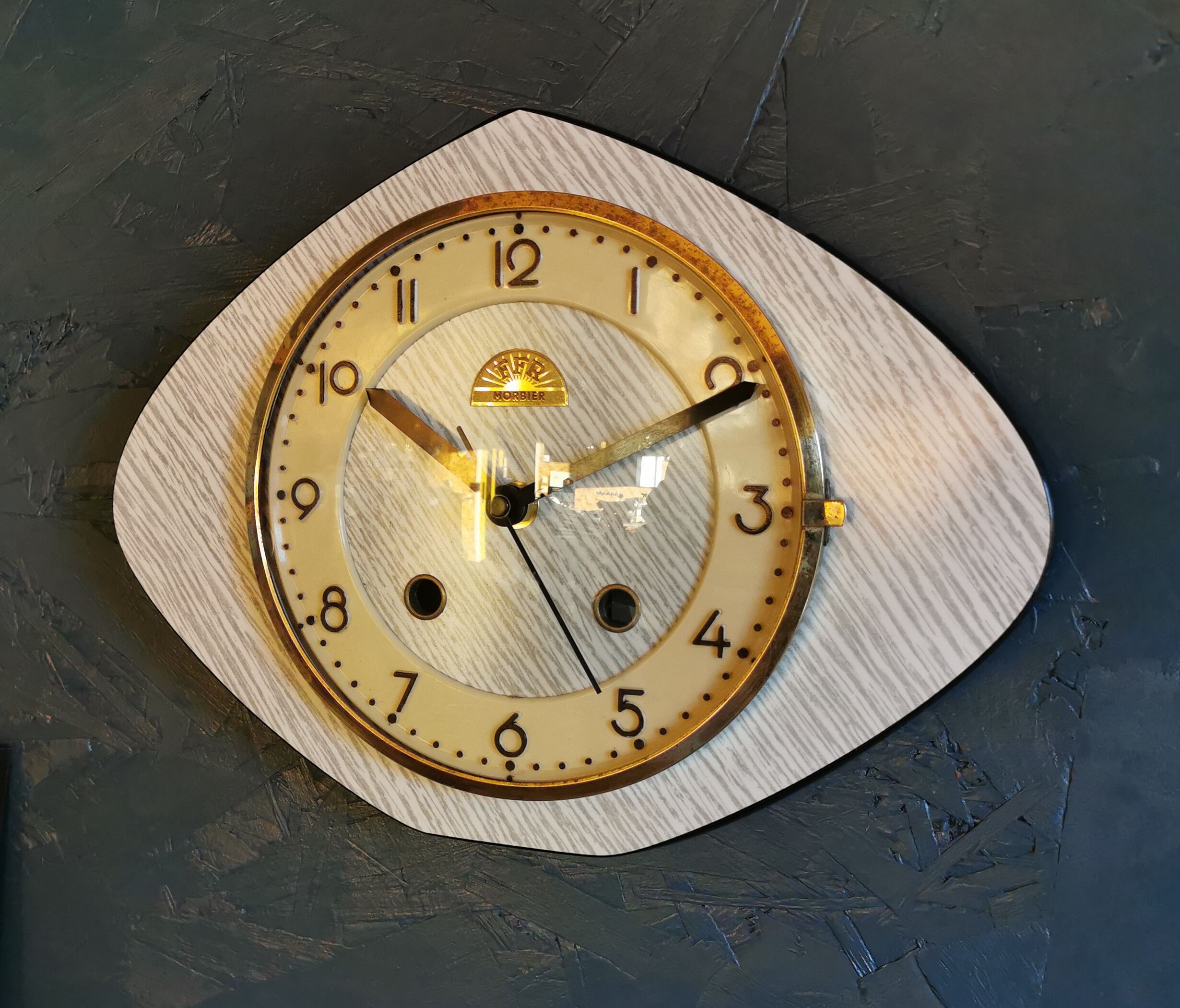 Clock formica wall clock vintage silent 50s "FFR Morbier gray white"