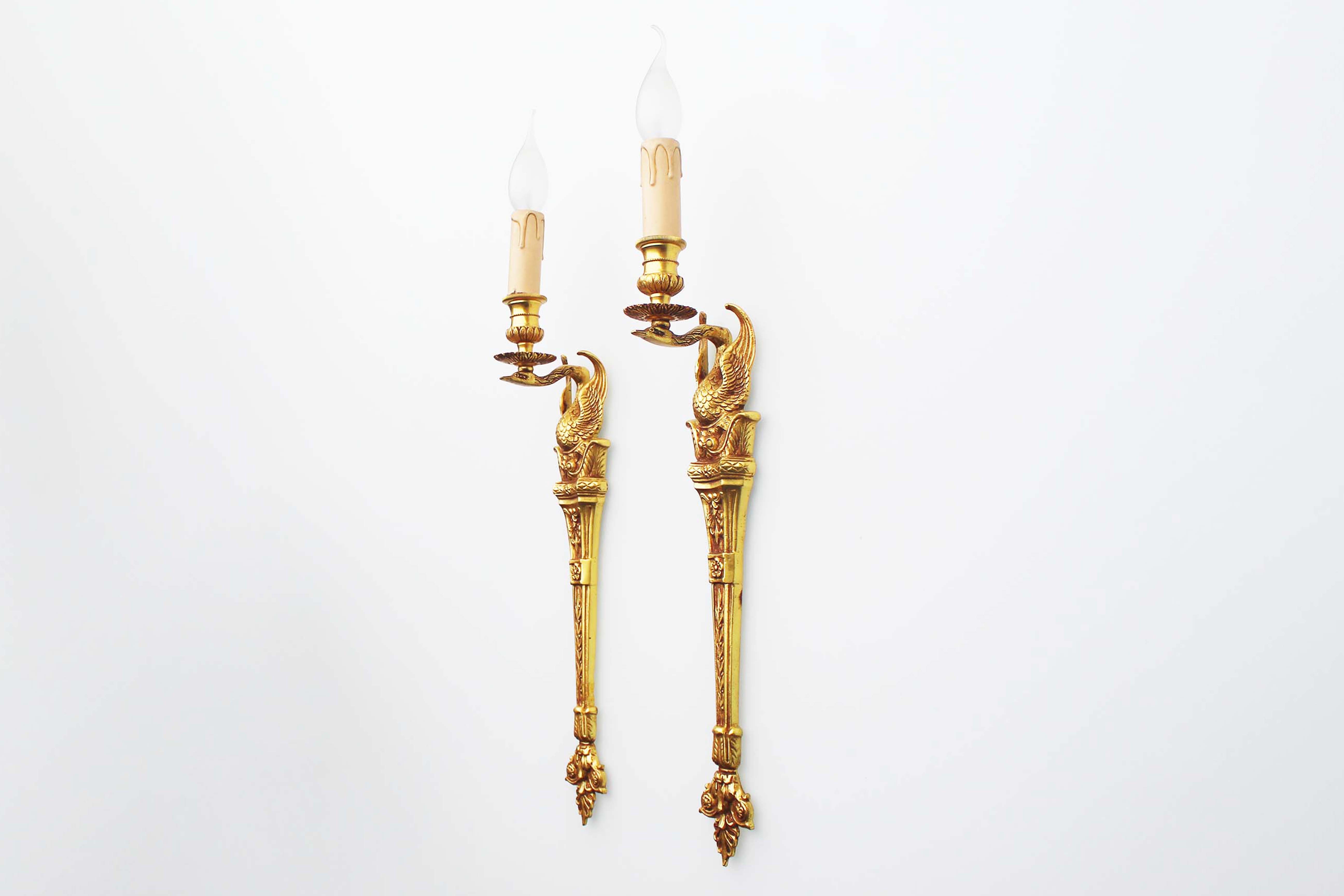 1950's Solid brass 'Swan' wall sconces