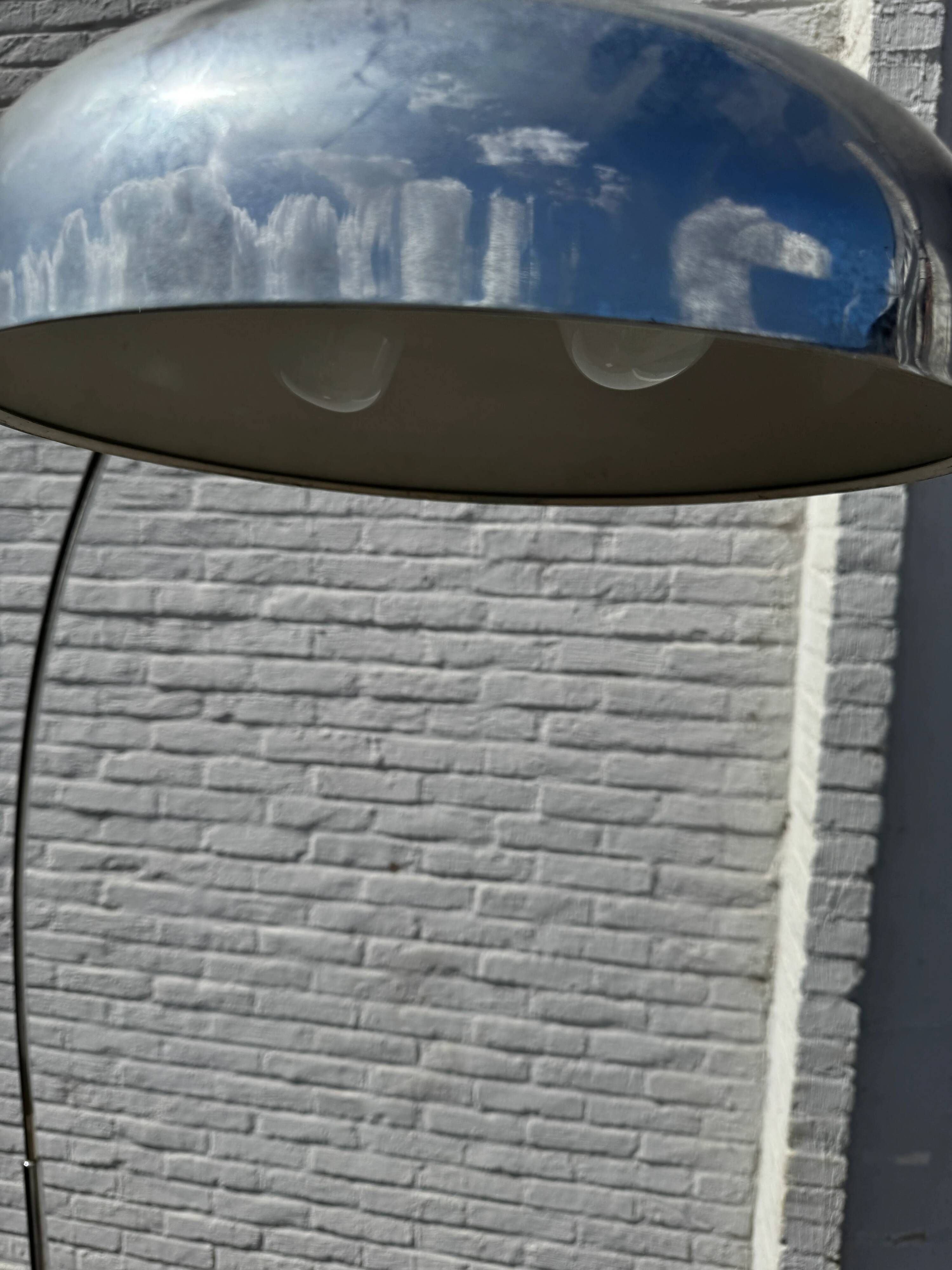Oversized White Marble & Chrome Arc Floor Lamp — 1970s Italian Aluminum Dome