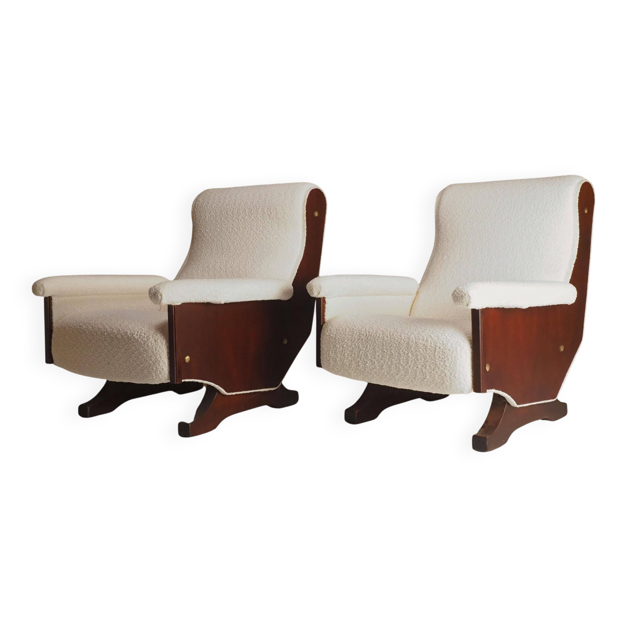 Pair of 1960s Italian Modern Walnut and Boucle Armchairs