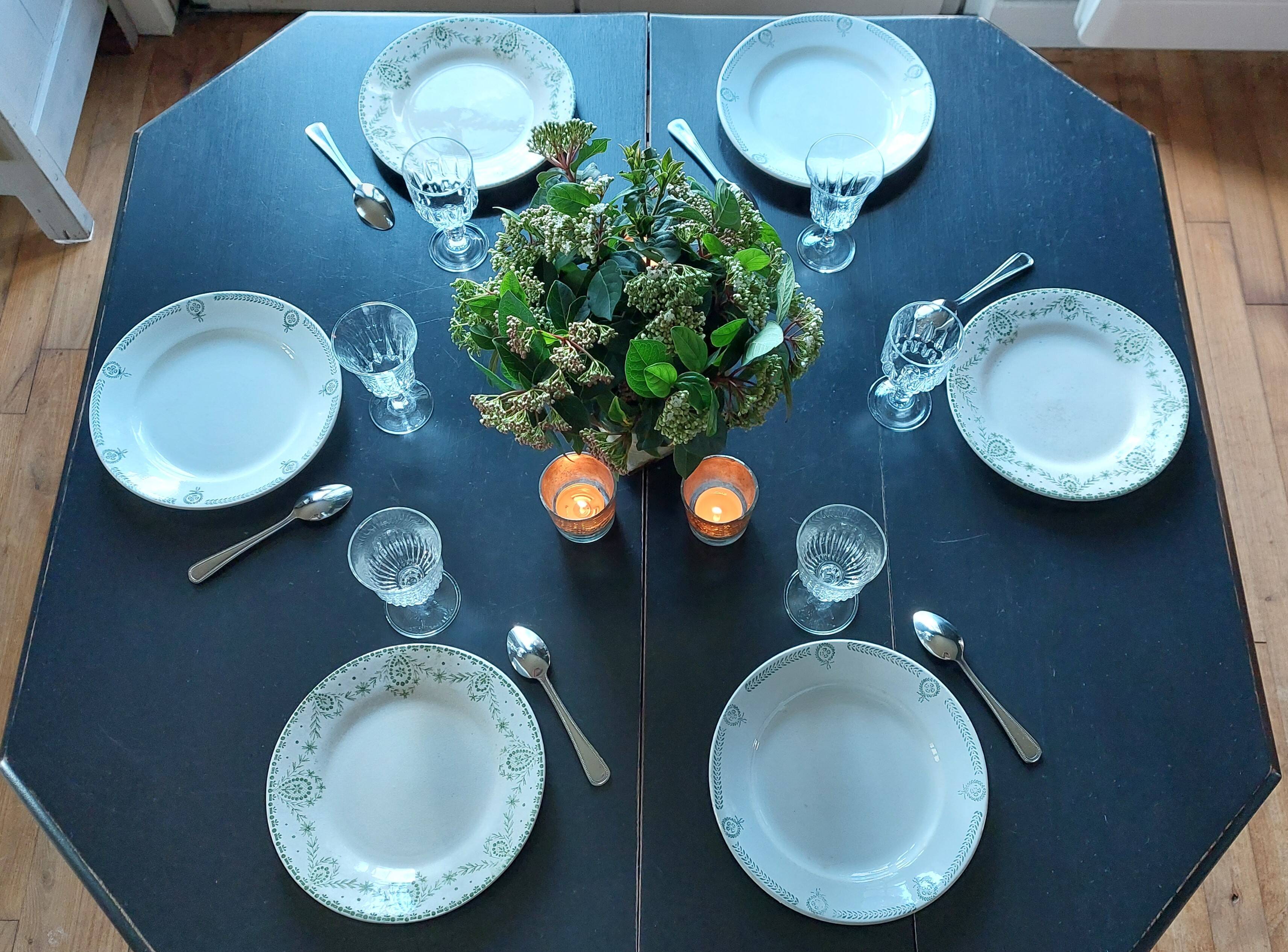 Mismatched set of 6 iron earth dessert plates in green tones