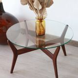 Round coffee table - glass top and teak base