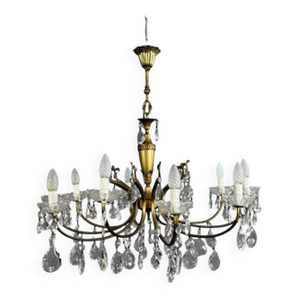 Lustre a pampilles en bronze doré et laiton vers 1950