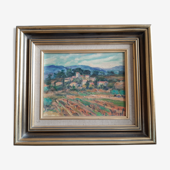 Tableau peinture a l'huile "village provençal  signé H Pujol"