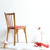 Bistro chair with bars of the 50s in wood and imitation red leather