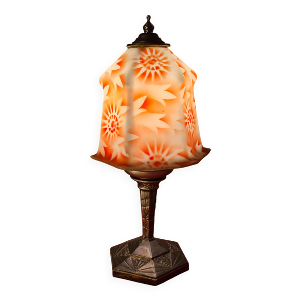 Lampe ancienne regule 1930 abat jour opaline peint art deco 36x18