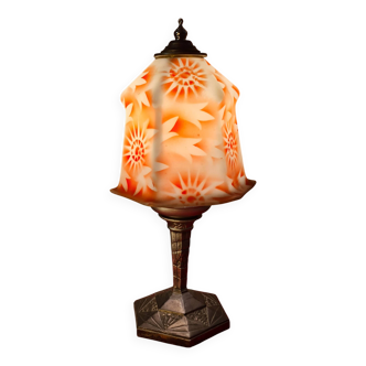Lampe ancienne regule 1930 abat jour opaline peint art deco 36x18
