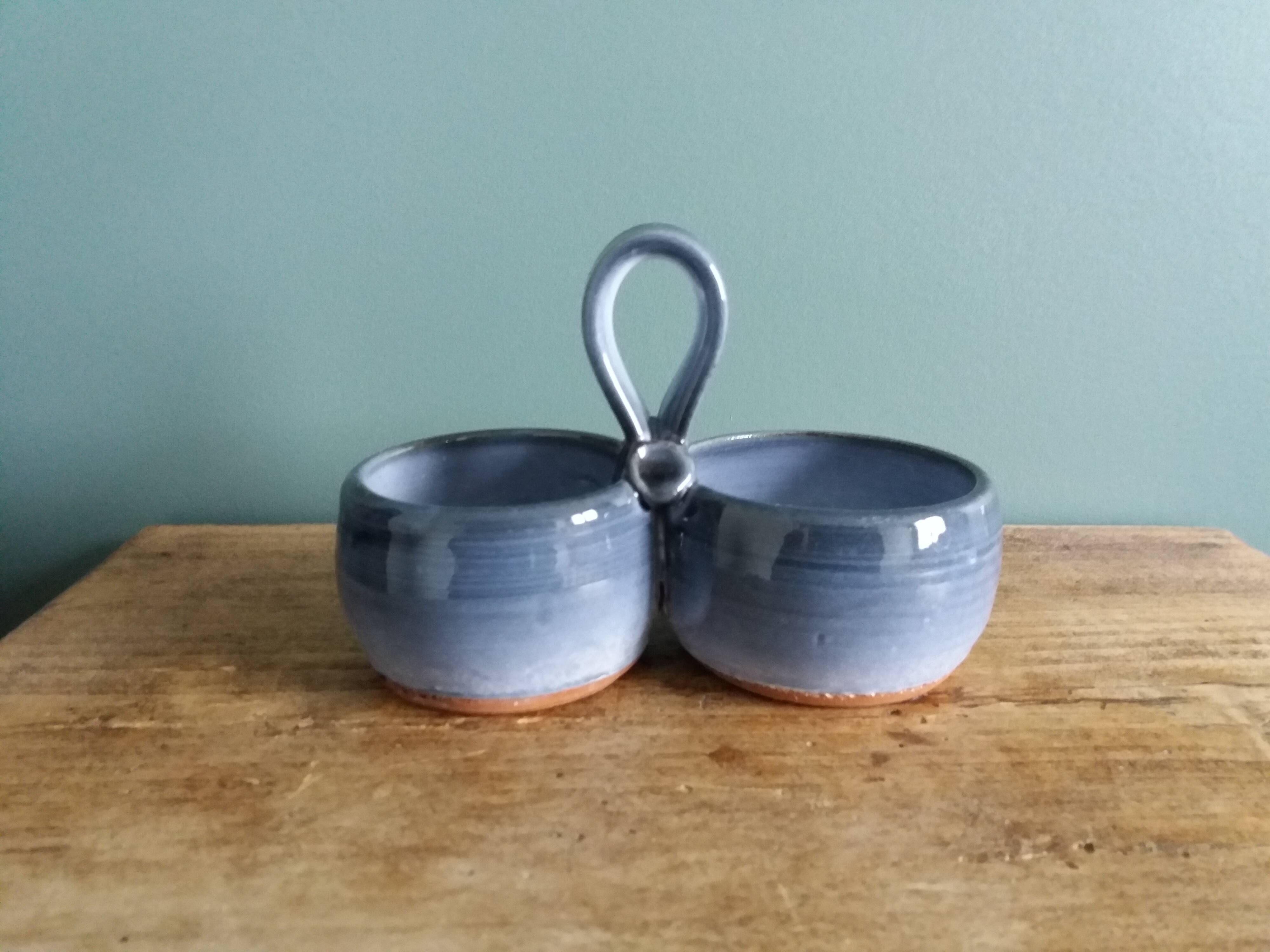 Glazed terracotta double salt dish