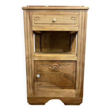 Provincial antique bedside table in walnut, with a red marble top.