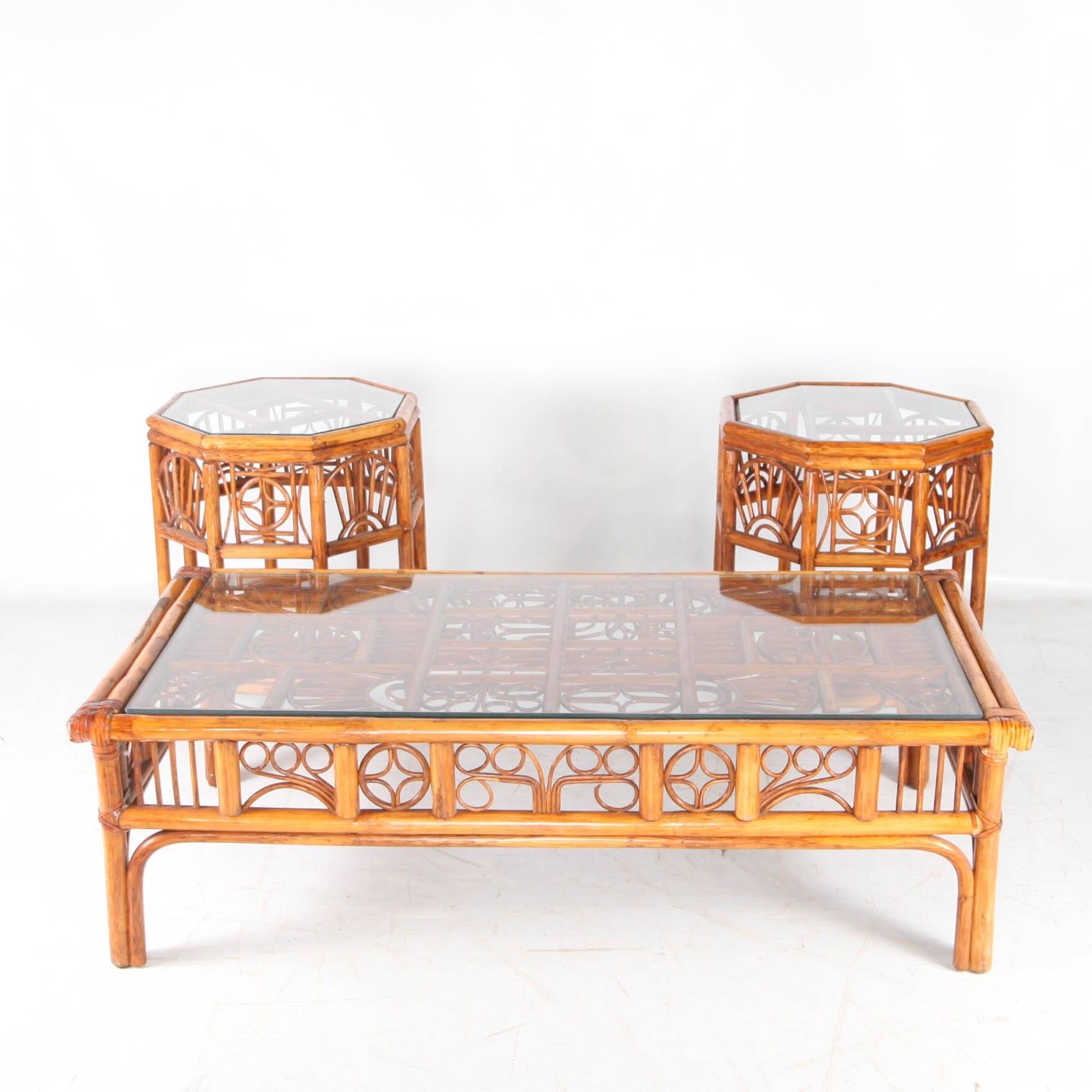 Ensemble de 3 tables basses en rotin