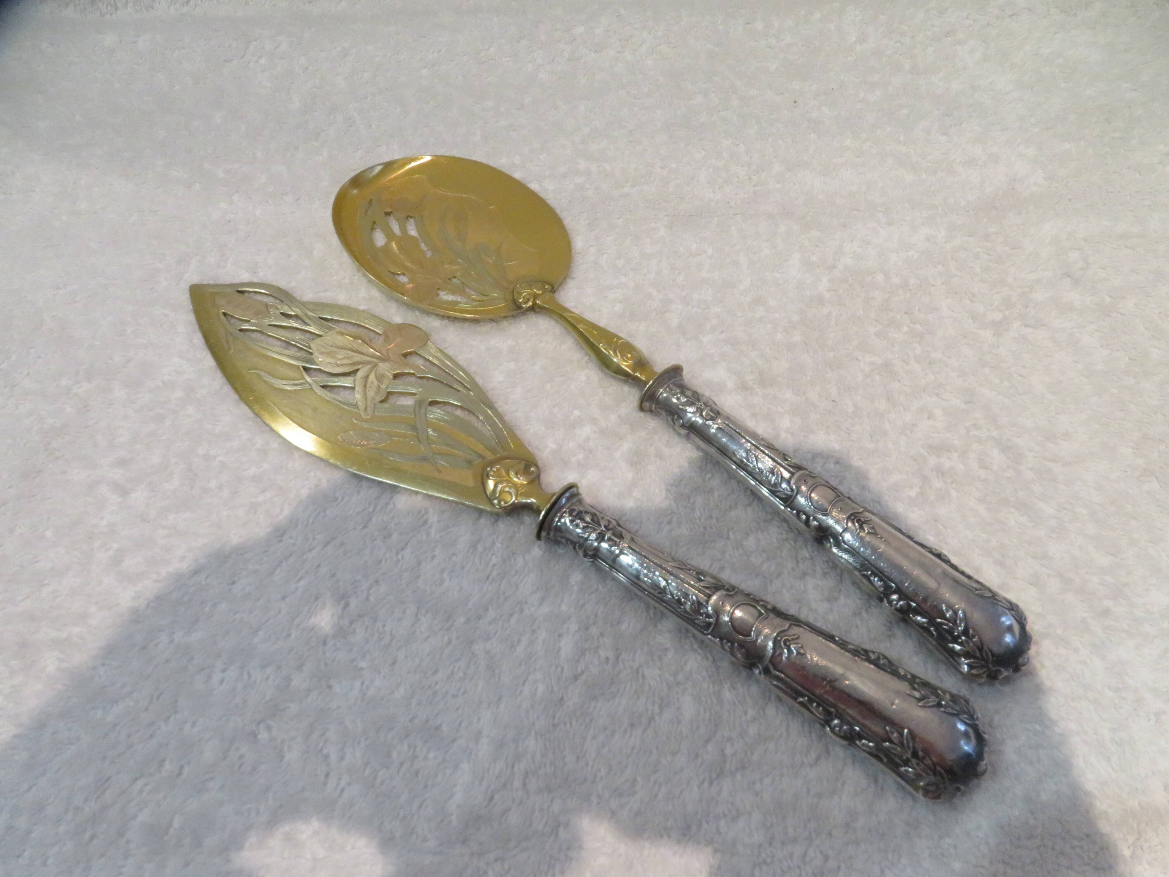 Ice cream serving cutlery in 950 silver and gilded metal, St LXVI and Art Nouveau style