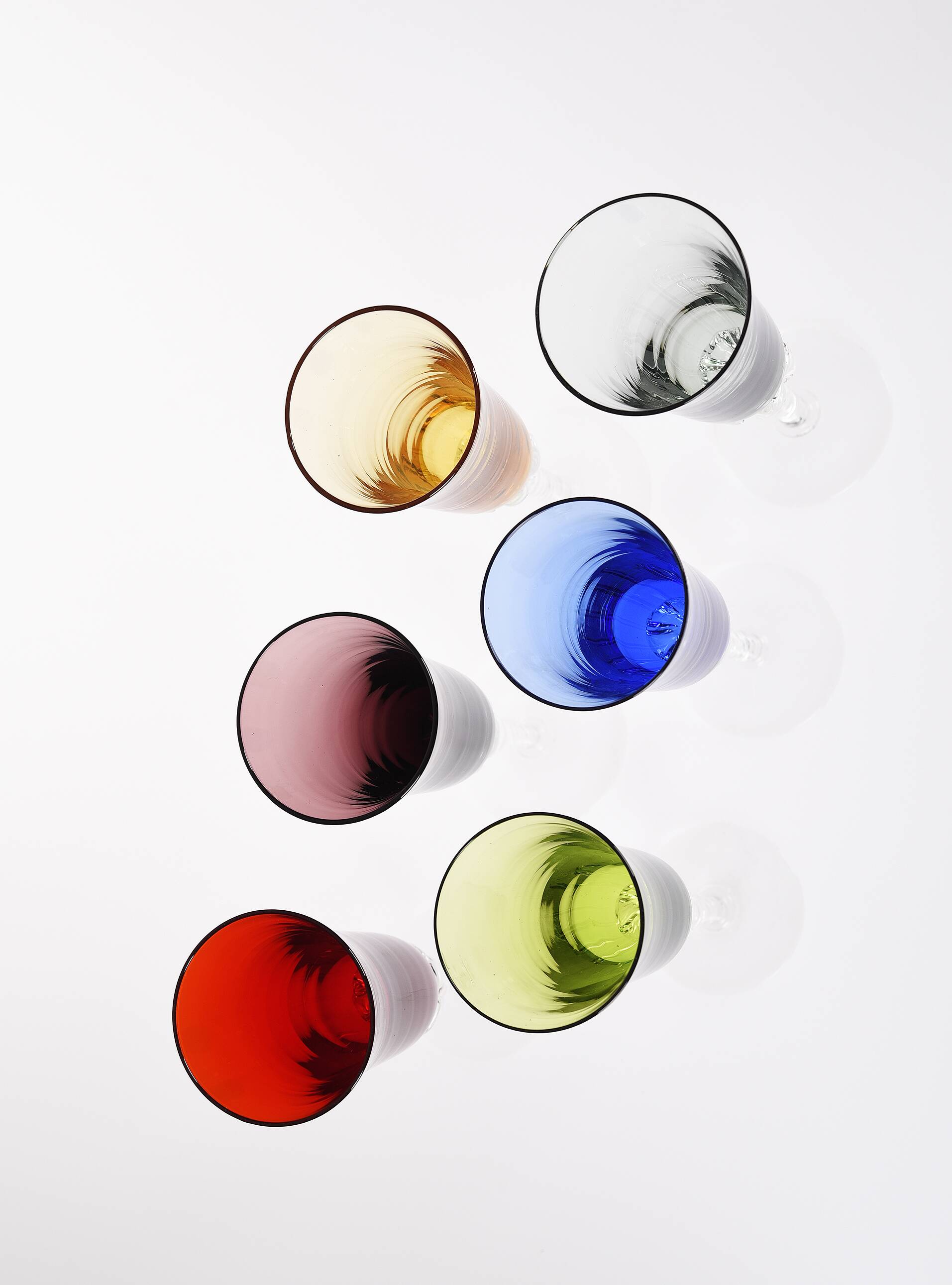 Set of 6 flutes Colorful glass champagne flutes.