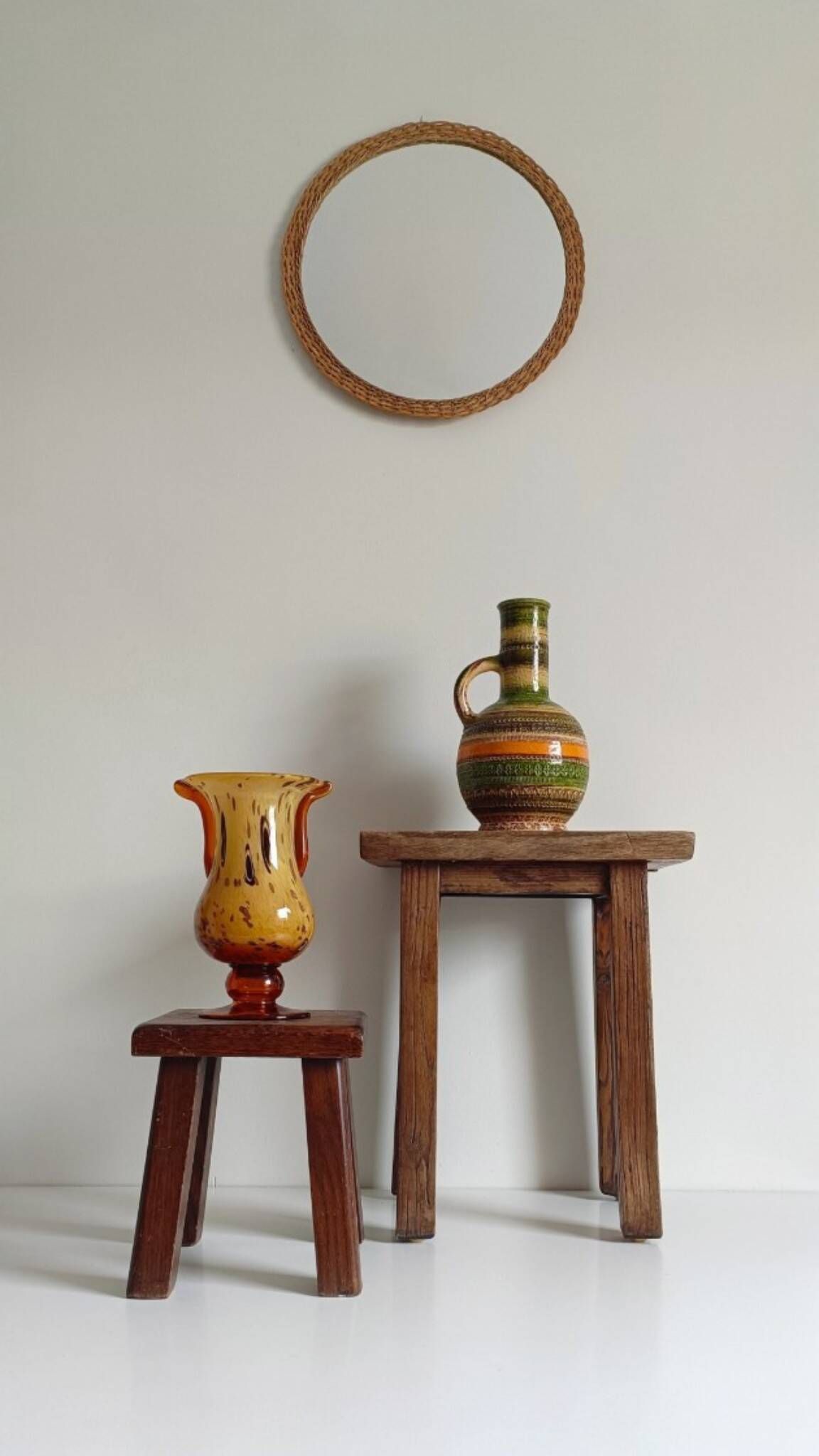 Rustic French Provence Wicker Round Mirror, Mid-Century, Handmade, France