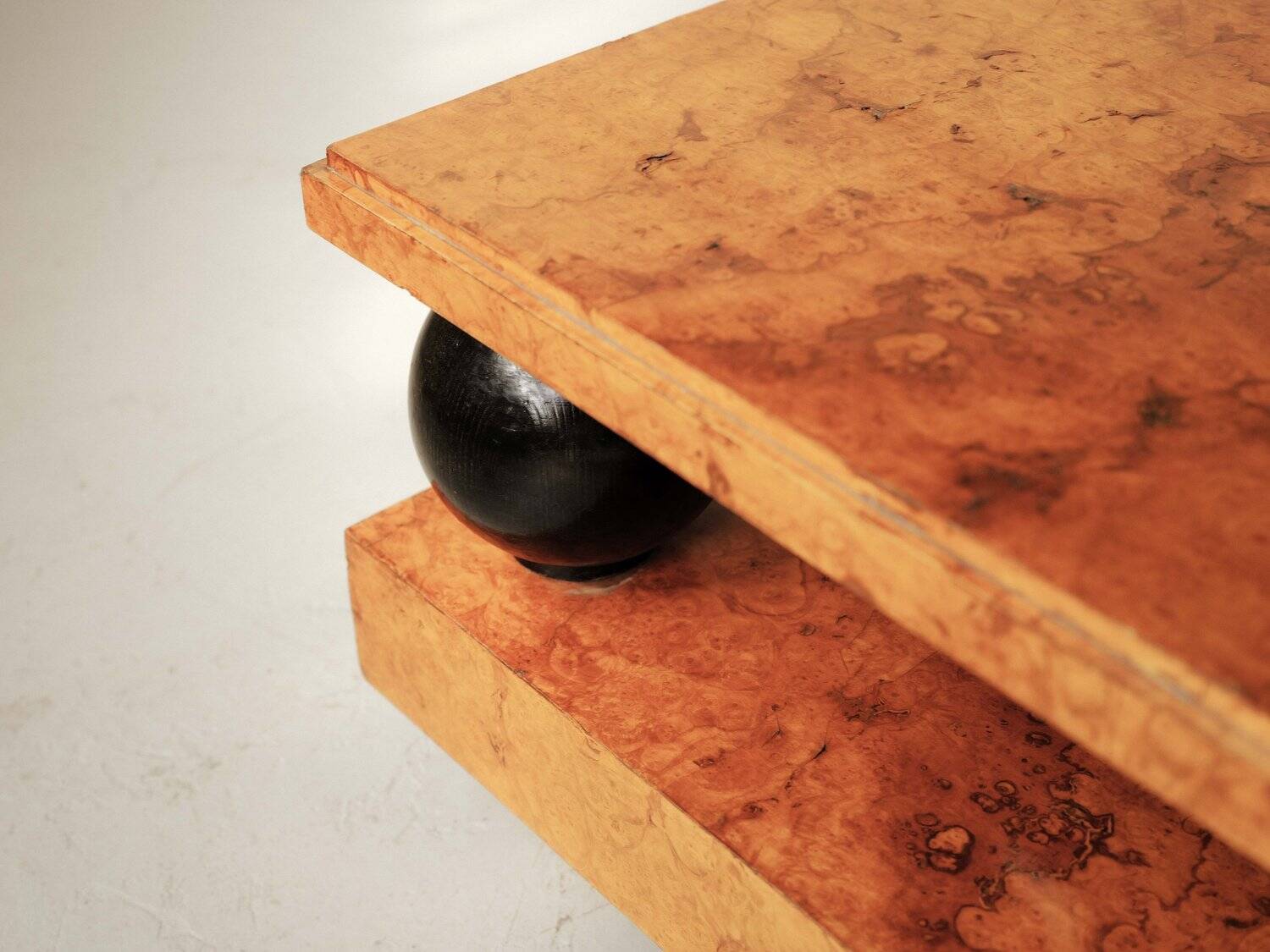 Large coffee table in elm burl, circa 1970.