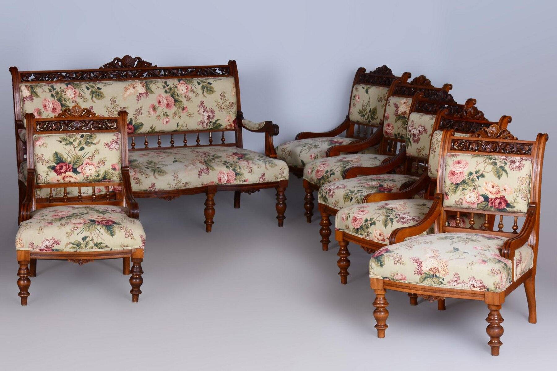 Czech Living Room Set in Beech and Walnut, 1890s, Set of 7