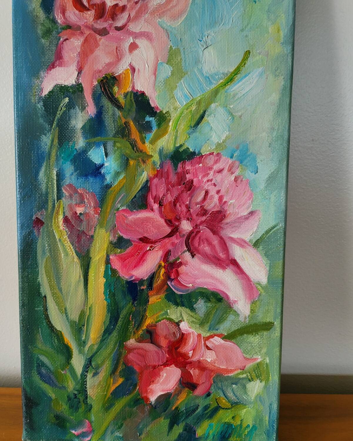 Liliane PAUMIER Tableau Huile sur Toile Nature morte Fleurs roses