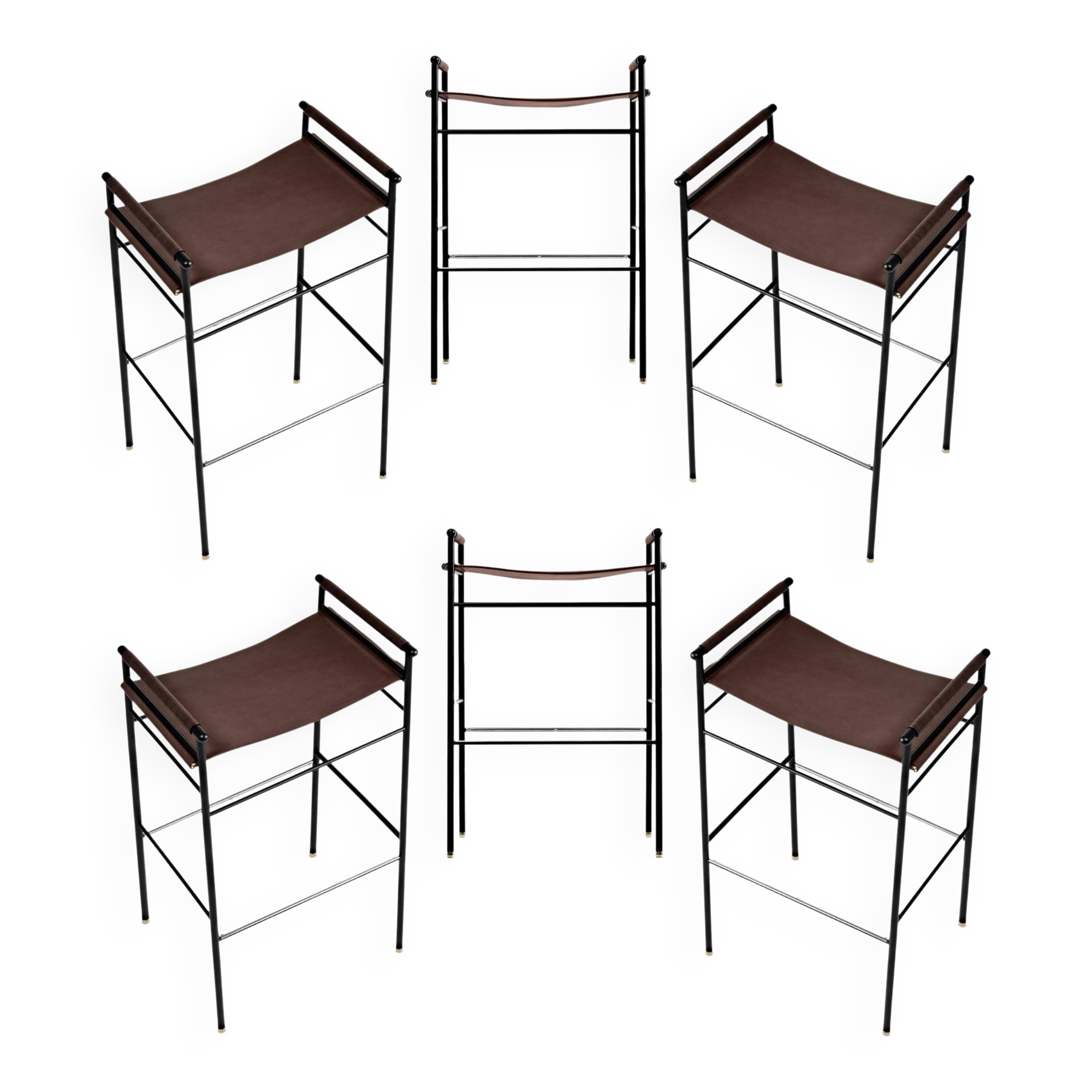 Lote de 6 taburetes de bar Artisan Contemporary Cuero marrón oscuro y metal de caucho negro