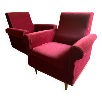 Pair of vintage club armchairs in burgundy velvet